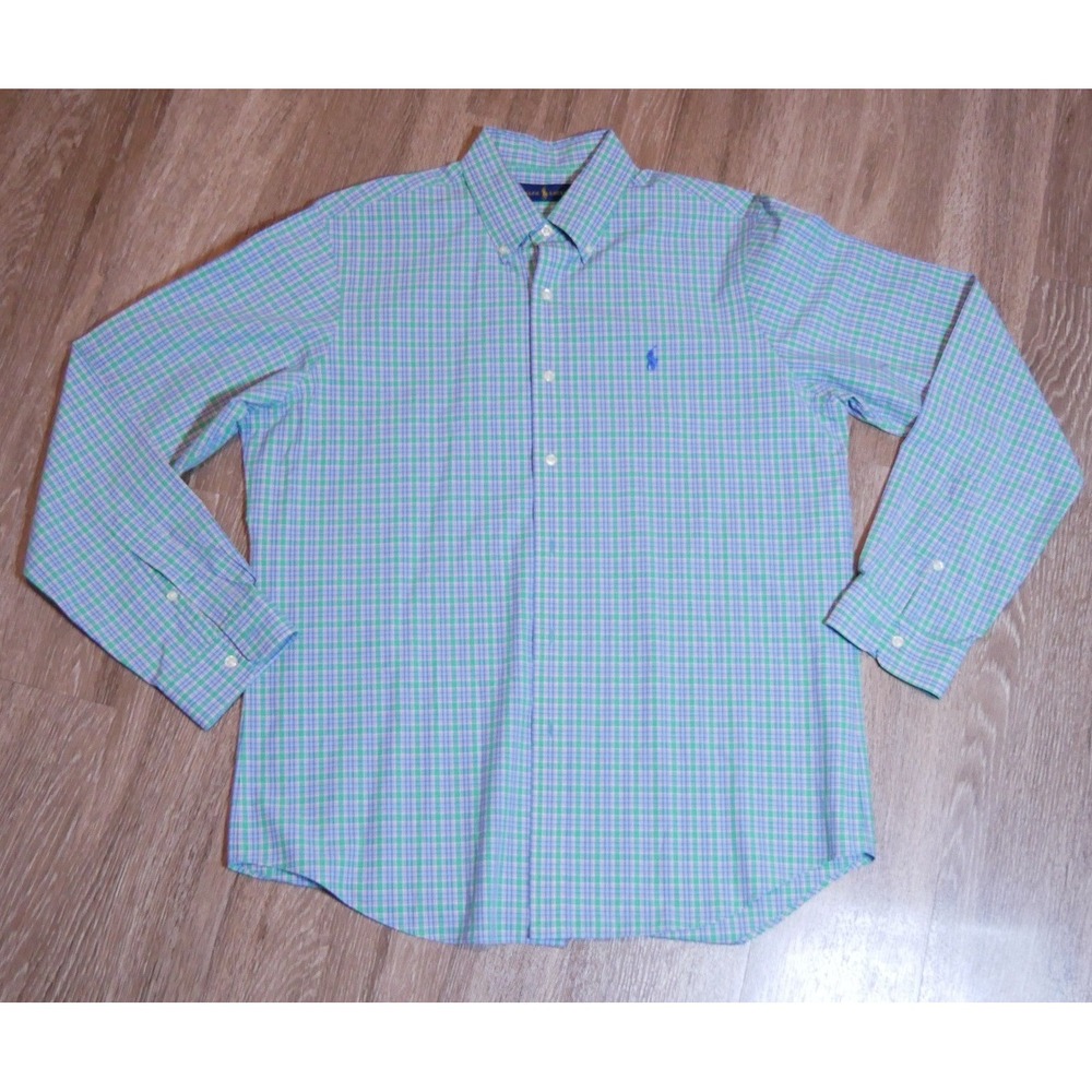 Polo Ralph Lauren‎ Mens Large Plaid Button Down Shirt Green Blue Purple Poplin L